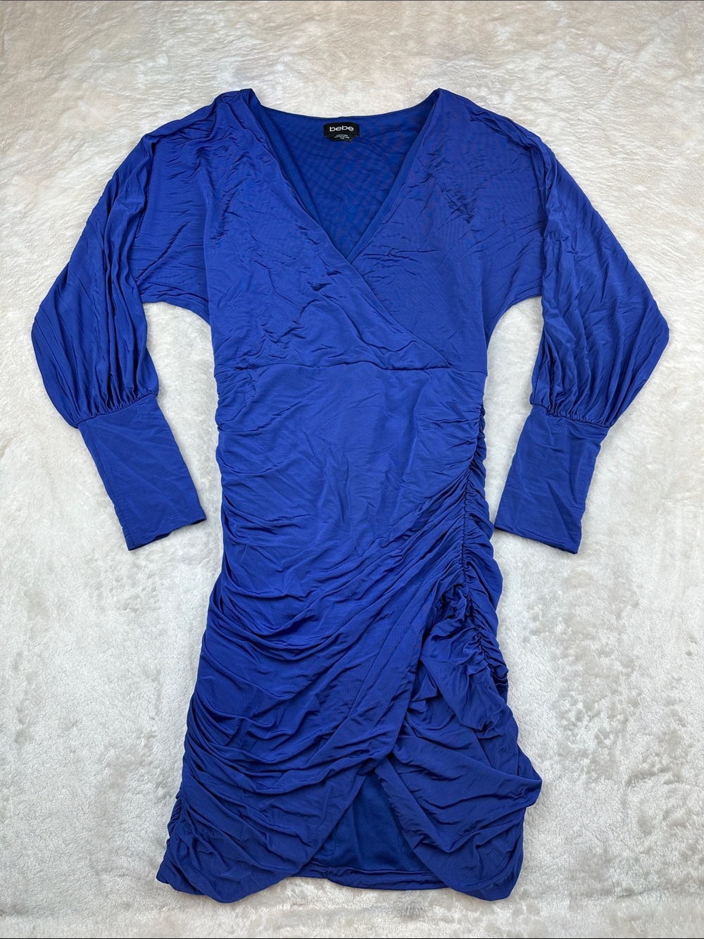 Bebe M Cobalt Blue Ruched Bodycon Mini Dress Long Sleeve Faux Wrap Cocktail